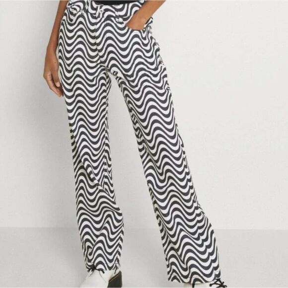 The Ragged Priest Wide Leg Dad Fit Black White Wave Print Jeans Size 24 - Picture 1 of 15